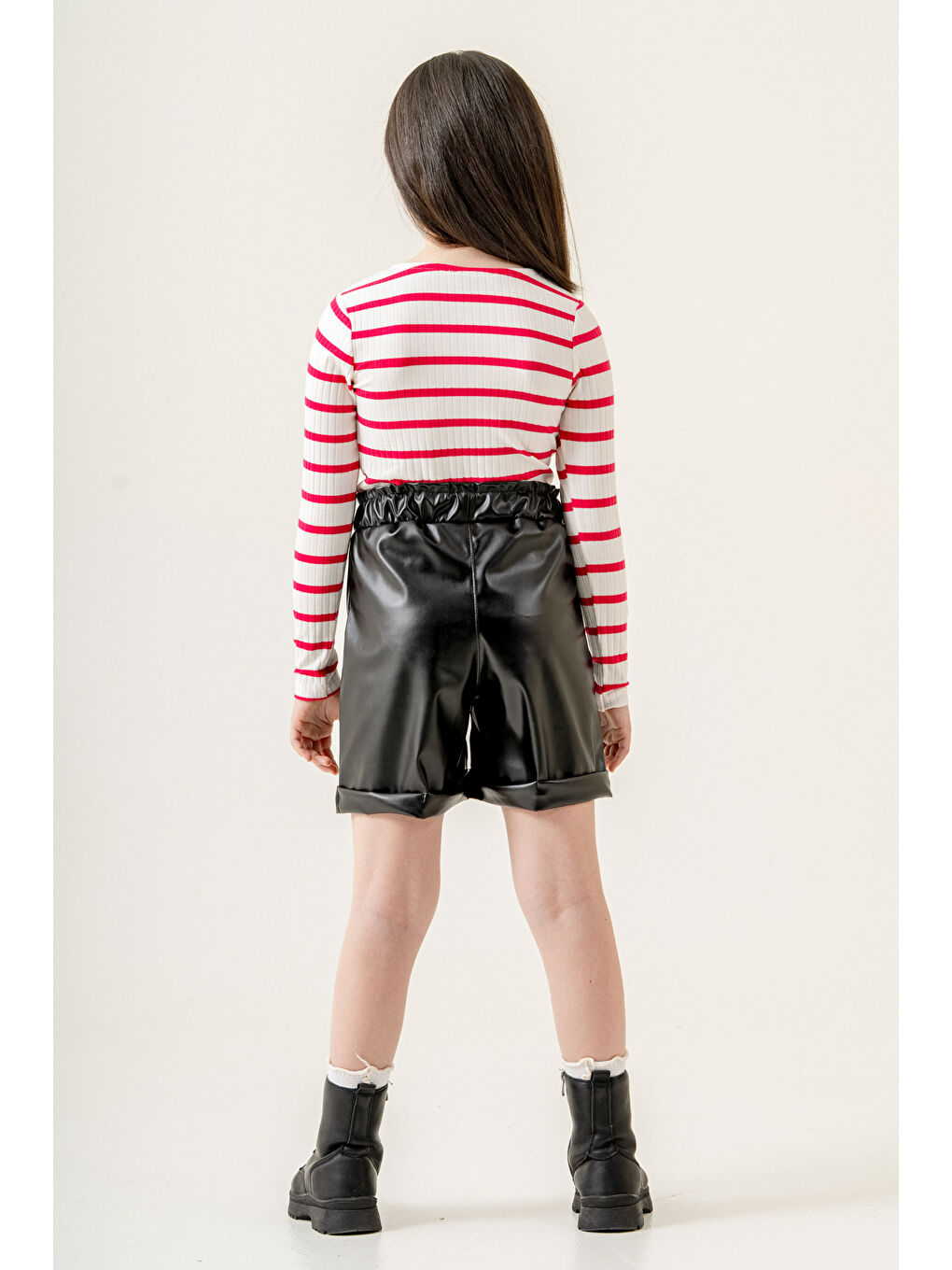 Çizgili Badili Deri Şortlu Kız Çocuk Takım 5-9 Yaş Fuşya 3775-4-2