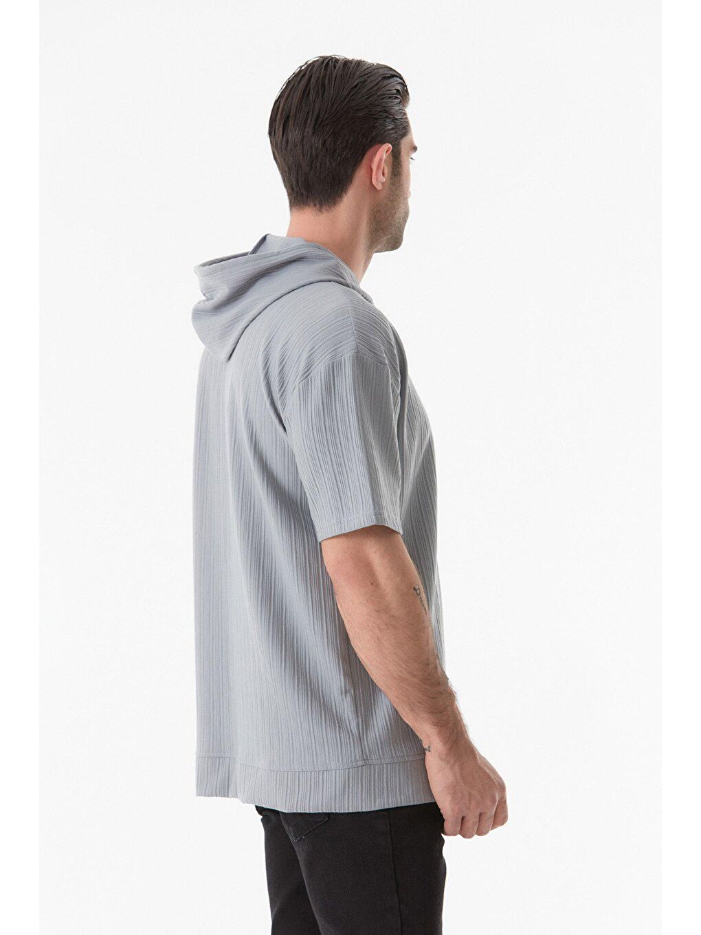 Gri Basic Kapüşonlu Kısa Kollu Tişört-2