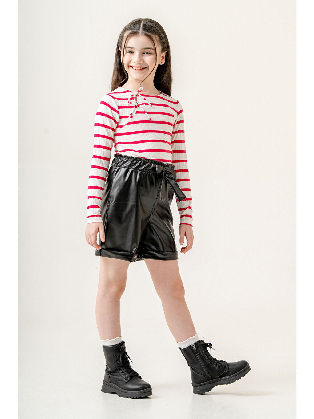 Çizgili Badili Deri Şortlu Kız Çocuk Takım 5-9 Yaş Fuşya 3775-4-3