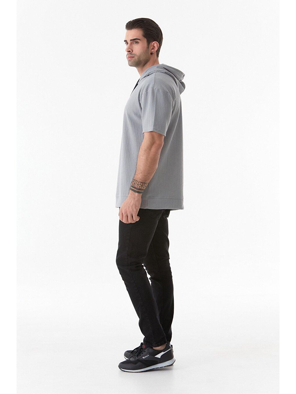 Gri Basic Kapüşonlu Kısa Kollu Tişört-3