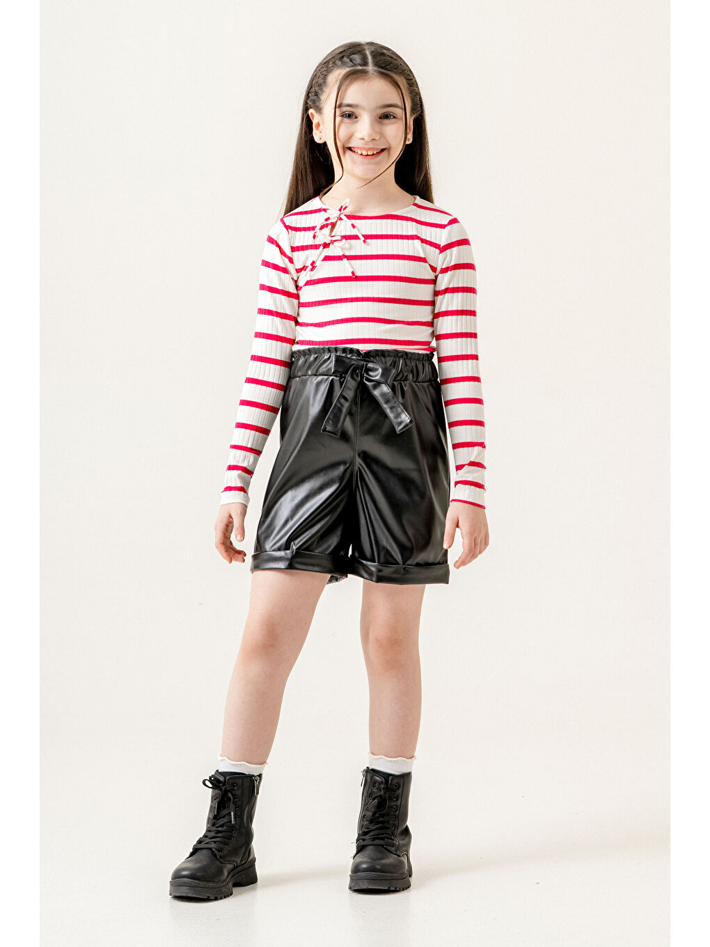 Çizgili Badili Deri Şortlu Kız Çocuk Takım 5-9 Yaş Fuşya 3775-4-4