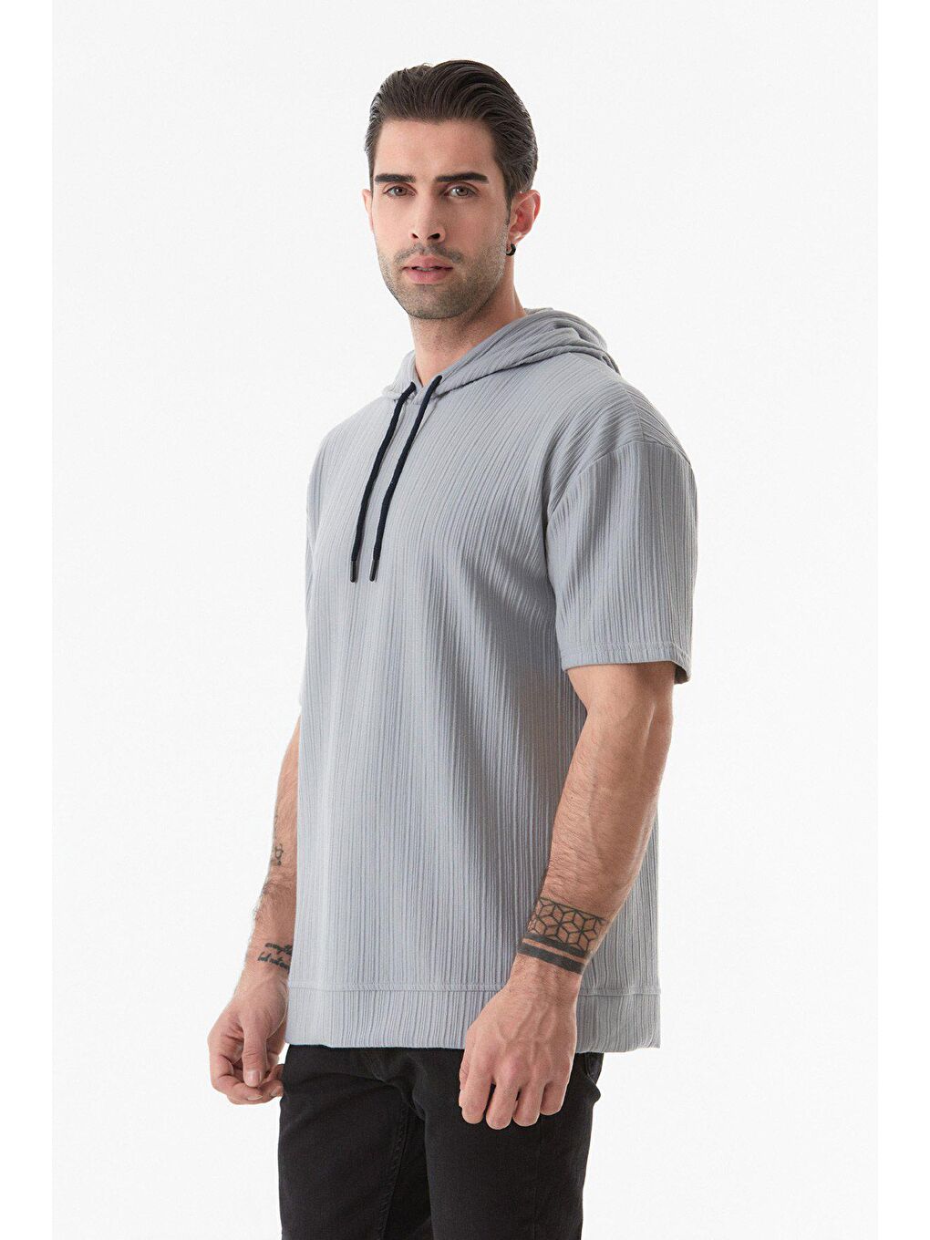 Gri Basic Kapüşonlu Kısa Kollu Tişört-4