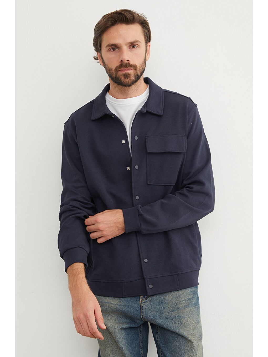 Lacivert Çıt Çıtlı Cepli Polo Yaka Ceket-1