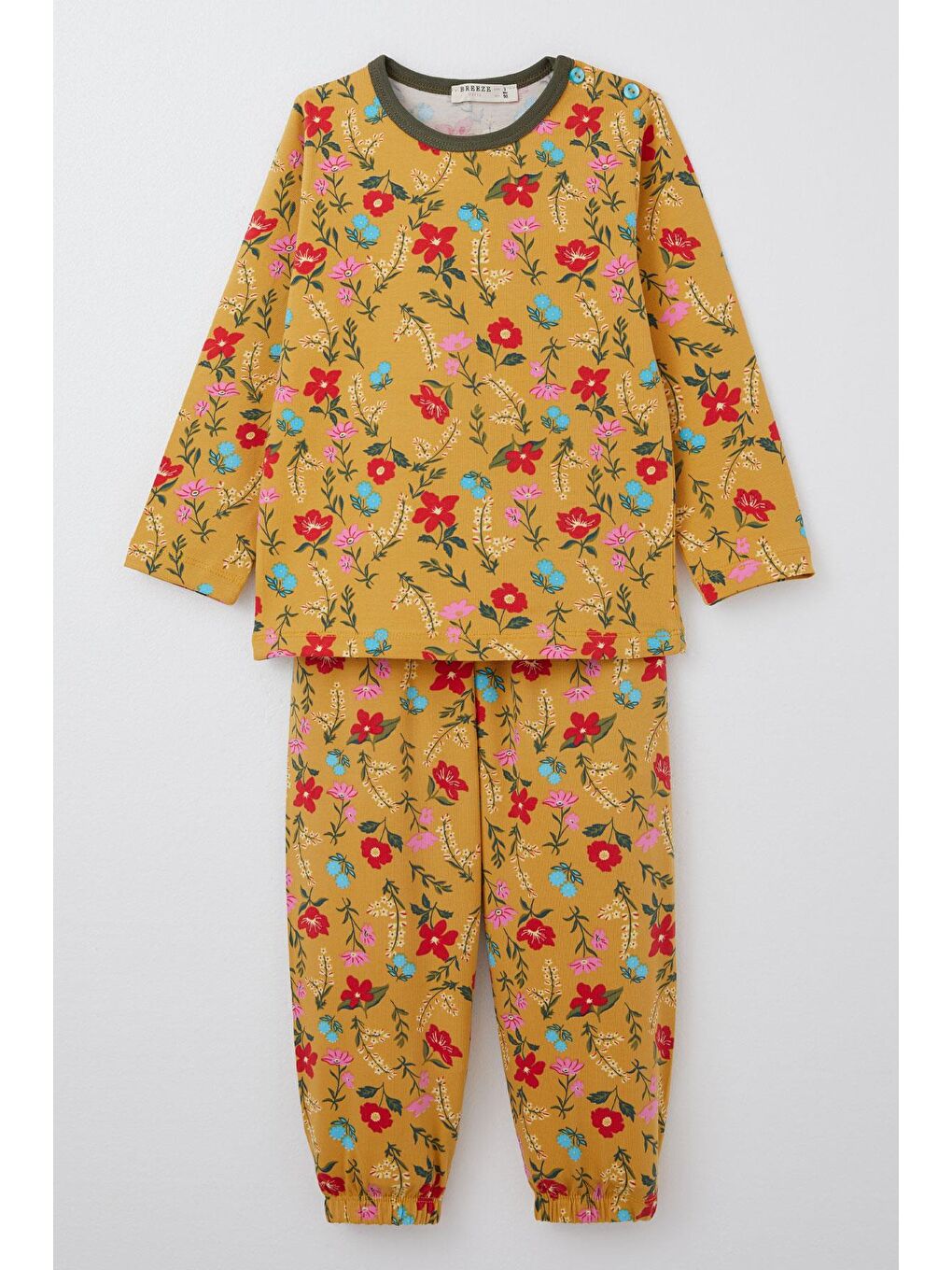 Kız Çocuk Pijama Takımı Renkli Çiçek Desenli Hardal Sarı (1-1.5 Yaş)