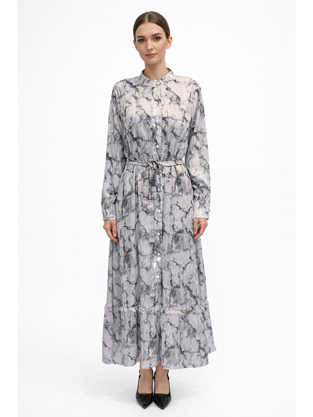 Desenli Saten Elbise 13257 Siyah