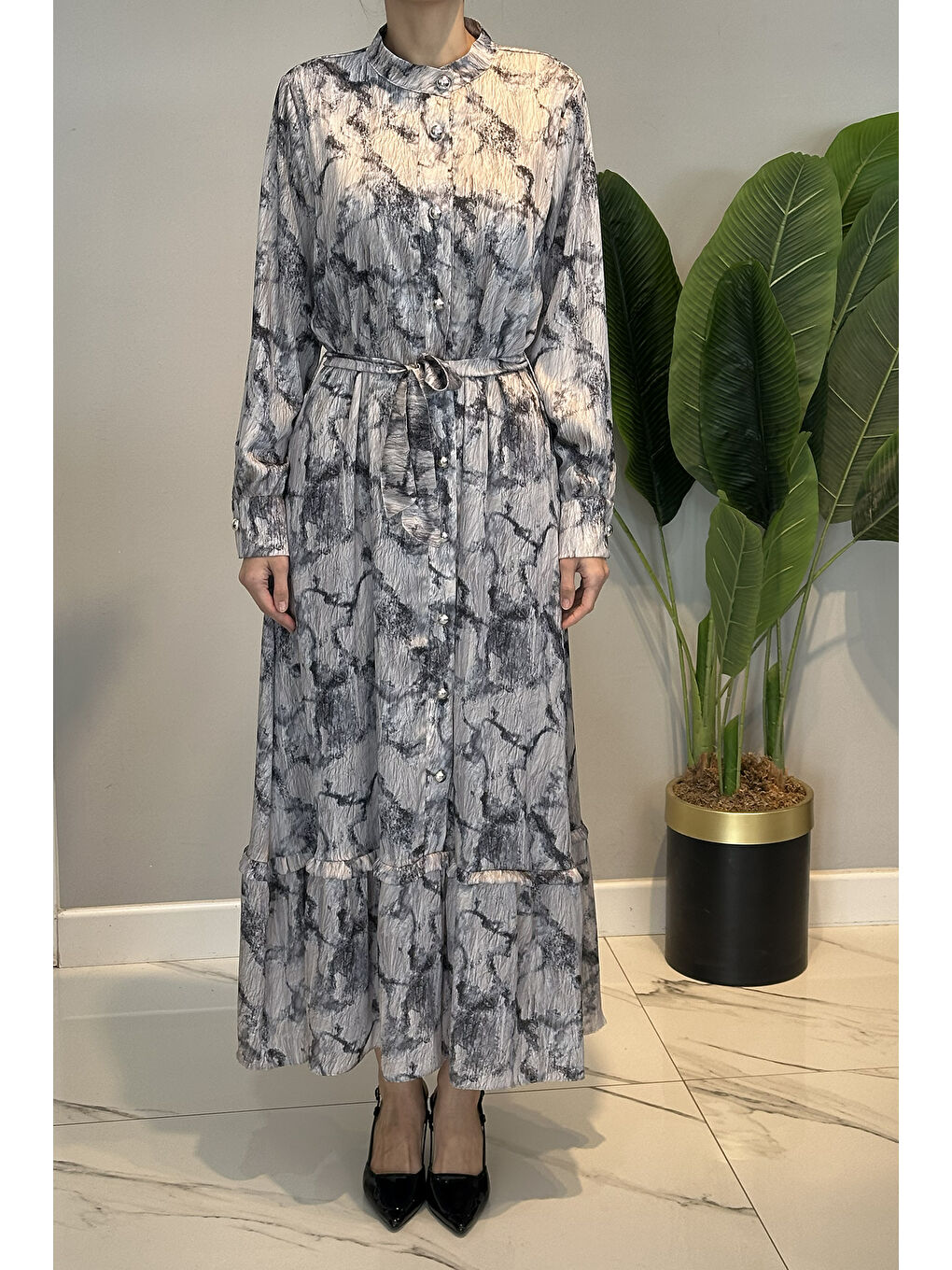 Desenli Saten Elbise 13257 Siyah-1