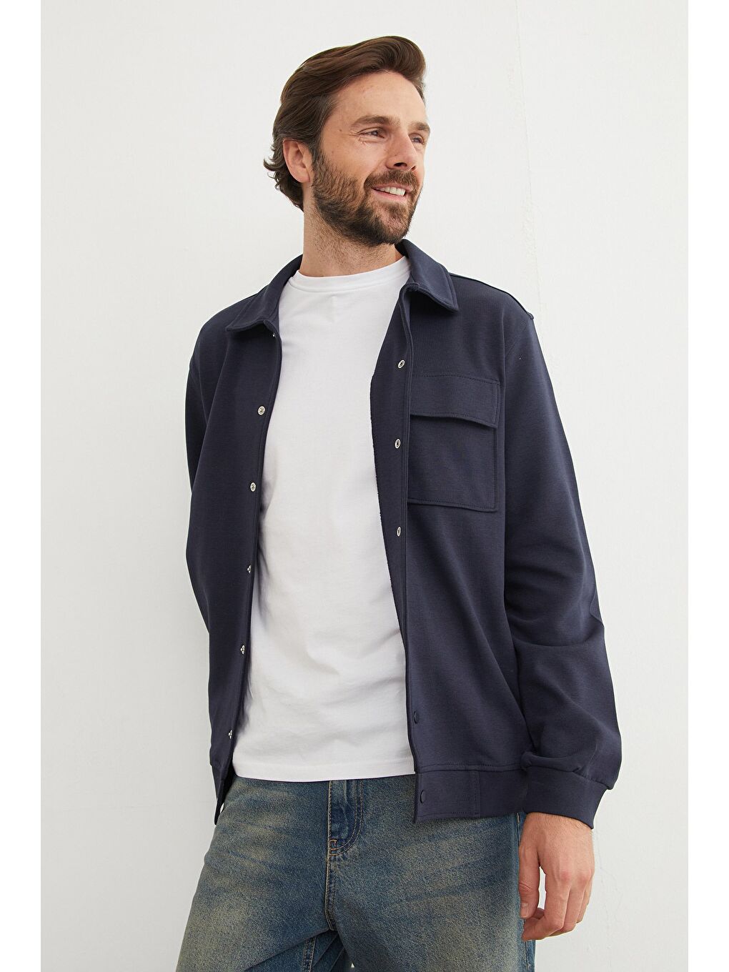 Lacivert Çıt Çıtlı Cepli Polo Yaka Ceket-4