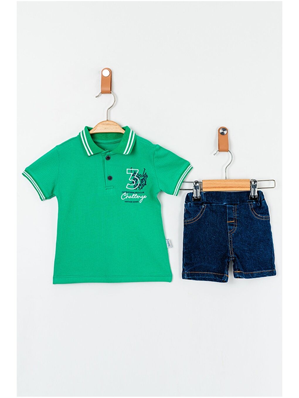 Yeşil Erkek Bebek Polo Yaka Turuncu Tişört Jean Şort 2’li Yazlık Takım-1