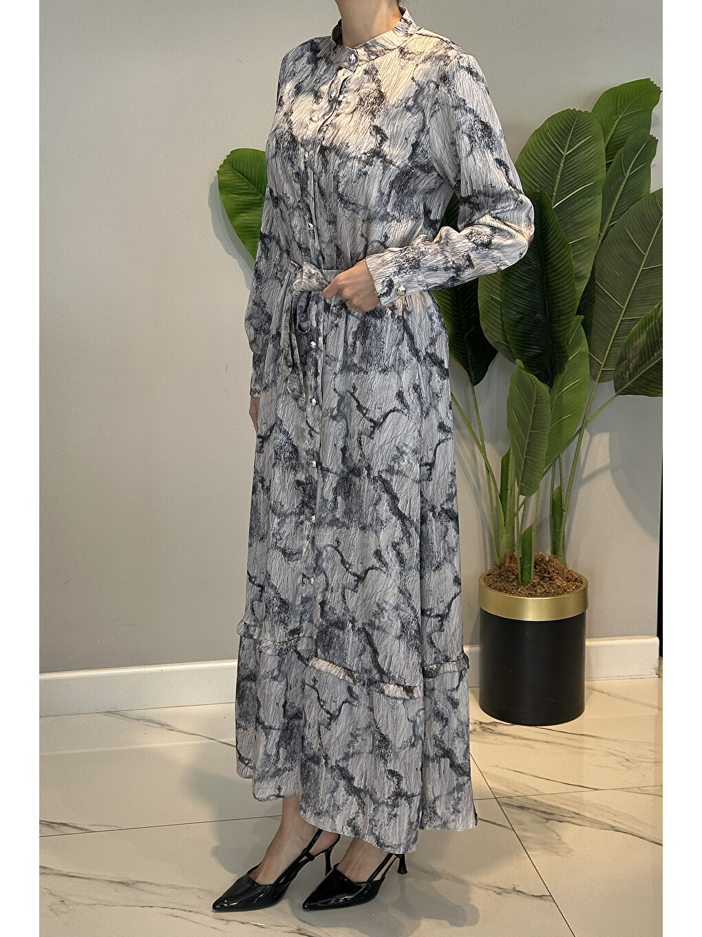 Desenli Saten Elbise 13257 Siyah-2