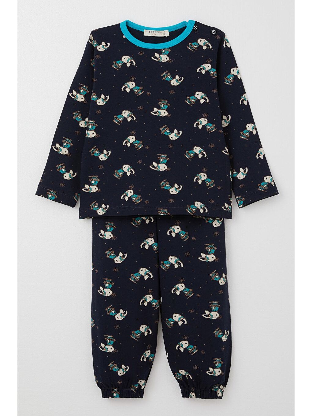 Kız Çocuk Pijama Takımı Sevimli Tavşancık & Kelebek Desenli Koyu Lacivert (1-3 Yaş)