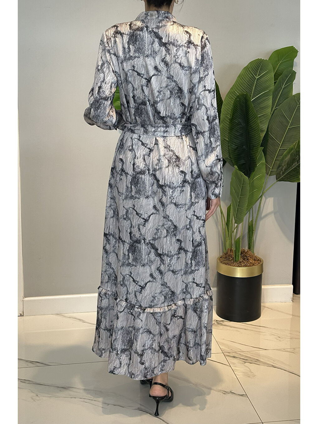 Desenli Saten Elbise 13257 Siyah-3