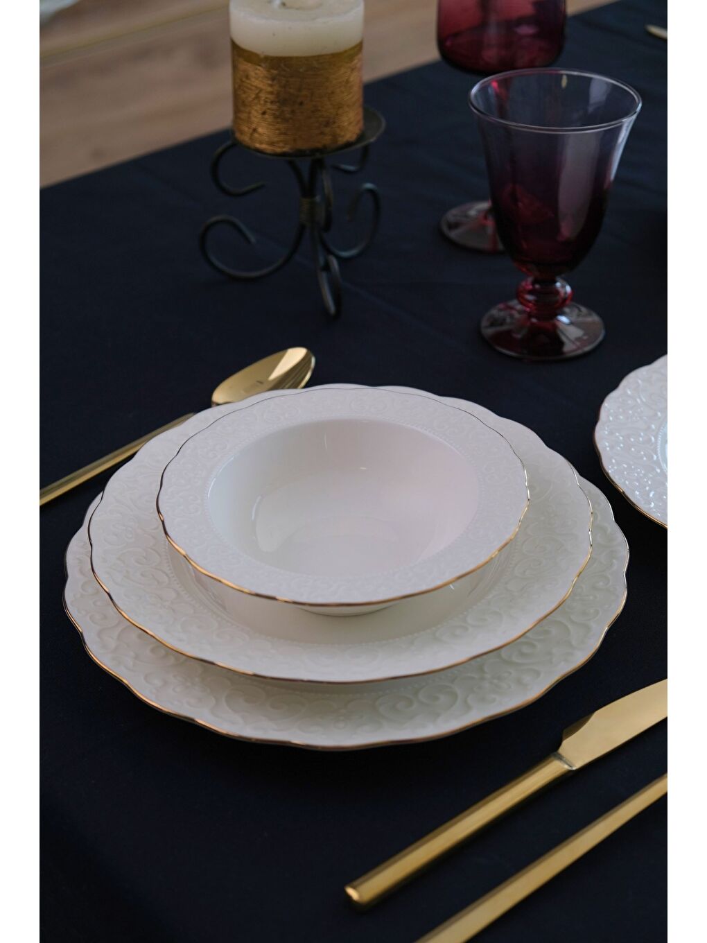 Beyaz Porselen İrem Yemek Takımı Altın Yaldızlı 6 Kişilik 24 Parça-2