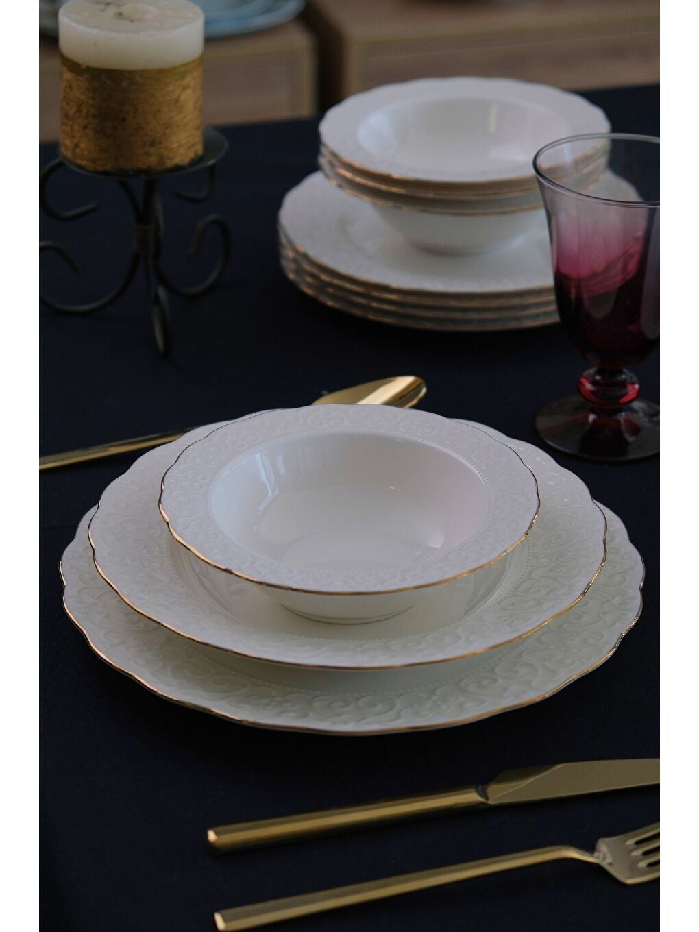 Beyaz Porselen İrem Yemek Takımı Altın Yaldızlı 6 Kişilik 24 Parça-3