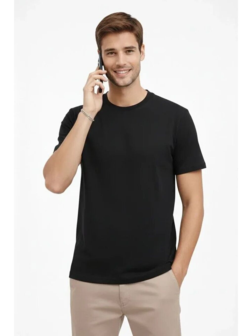 Erkek Bisiklet Yaka Tişört Regular Kalıp Basic Pamuklu Günlük Kullanım T-shirt - Siyah-1