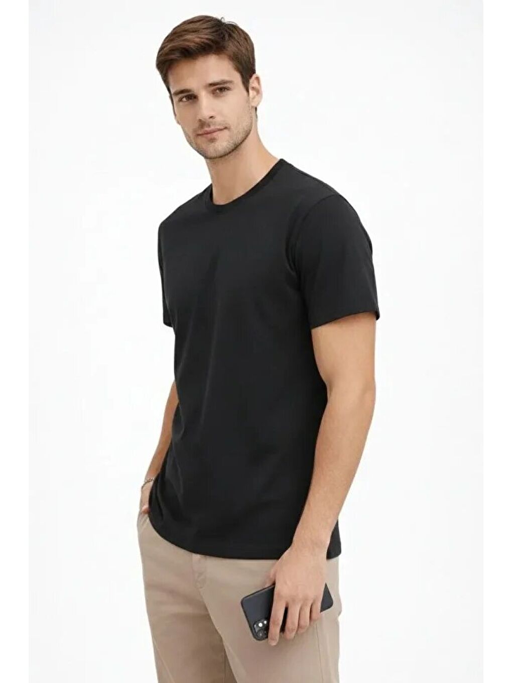 Erkek Bisiklet Yaka Tişört Regular Kalıp Basic Pamuklu Günlük Kullanım T-shirt - Siyah-2