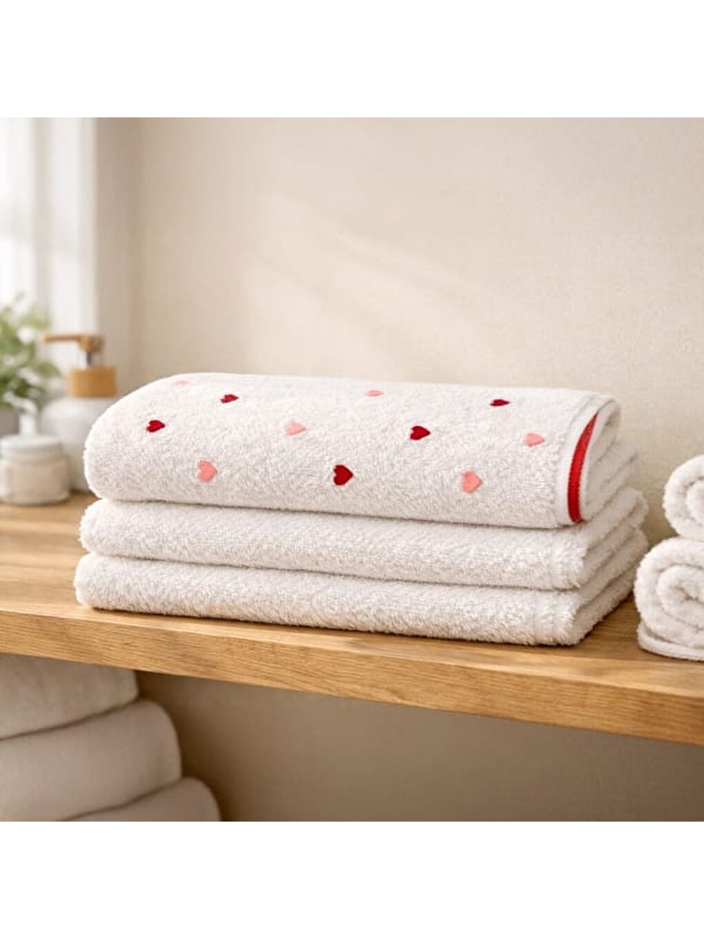 Lila Soft Kalp Nakışlı El Havlusu - Ekru / Kırmızı - 30x50 cm