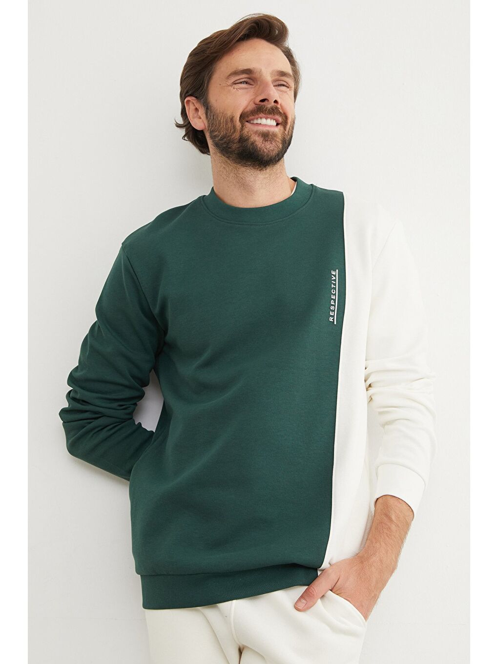 Yeşil Respectıve Yazı Baskılı Renk Bloklu Büyük Beden Sweatshirt-1