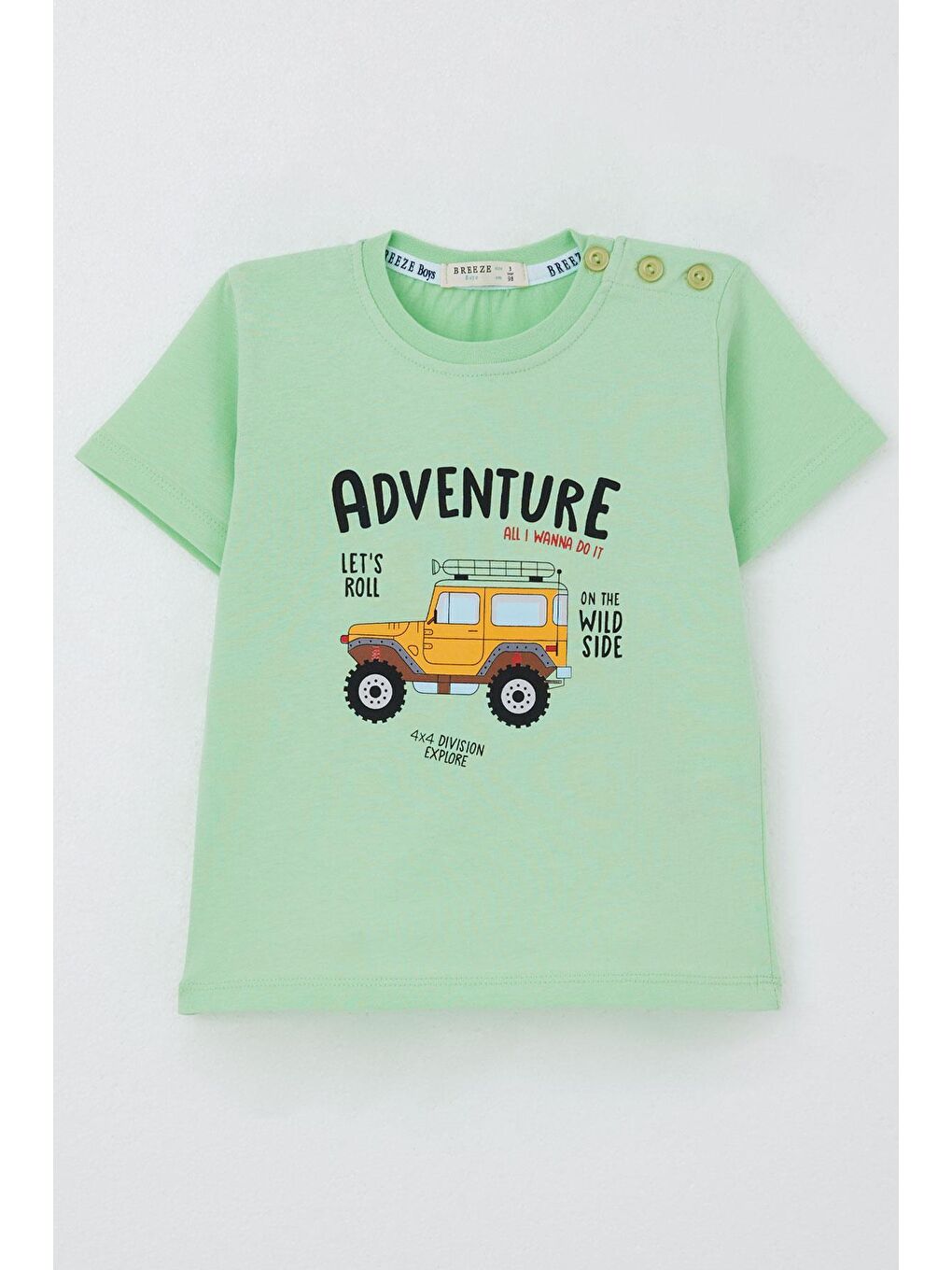 Turkuaz Erkek Çocuk Tişört Macera Temalı 4X4 Araba Baskılı Su Yeşili (2-6 Yaş)-1