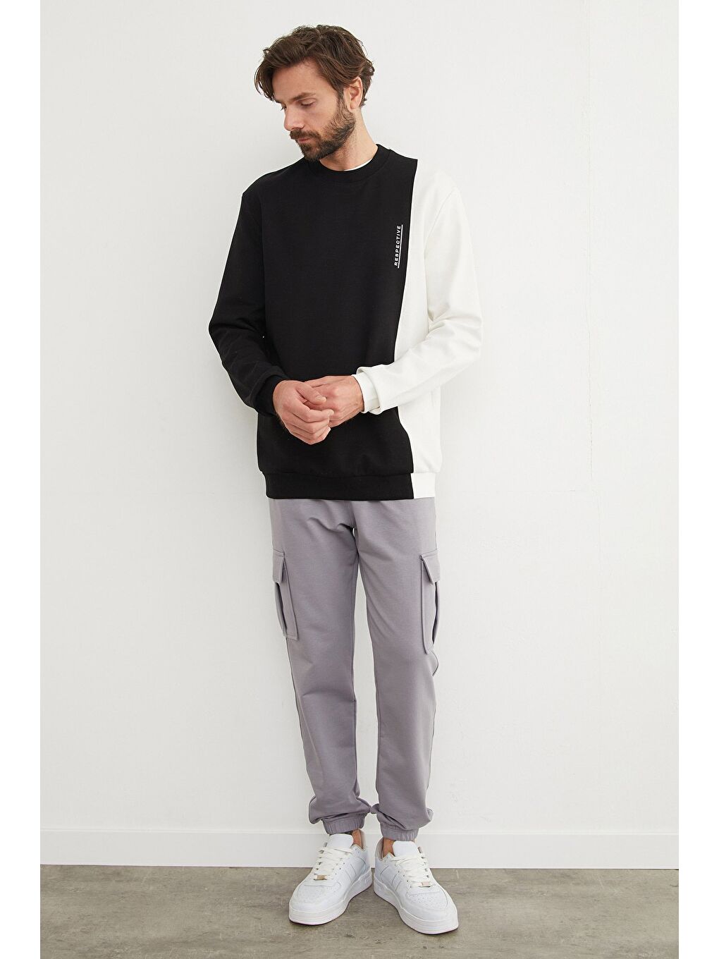 Siyah Respectıve Yazı Baskılı Renk Bloklu Büyük Beden Sweatshirt-3