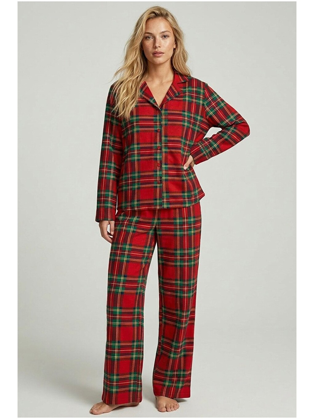 Kırmızı Yılbaşı Desenli Pamuklu Örme Düğmeli Pijama Takımı-1