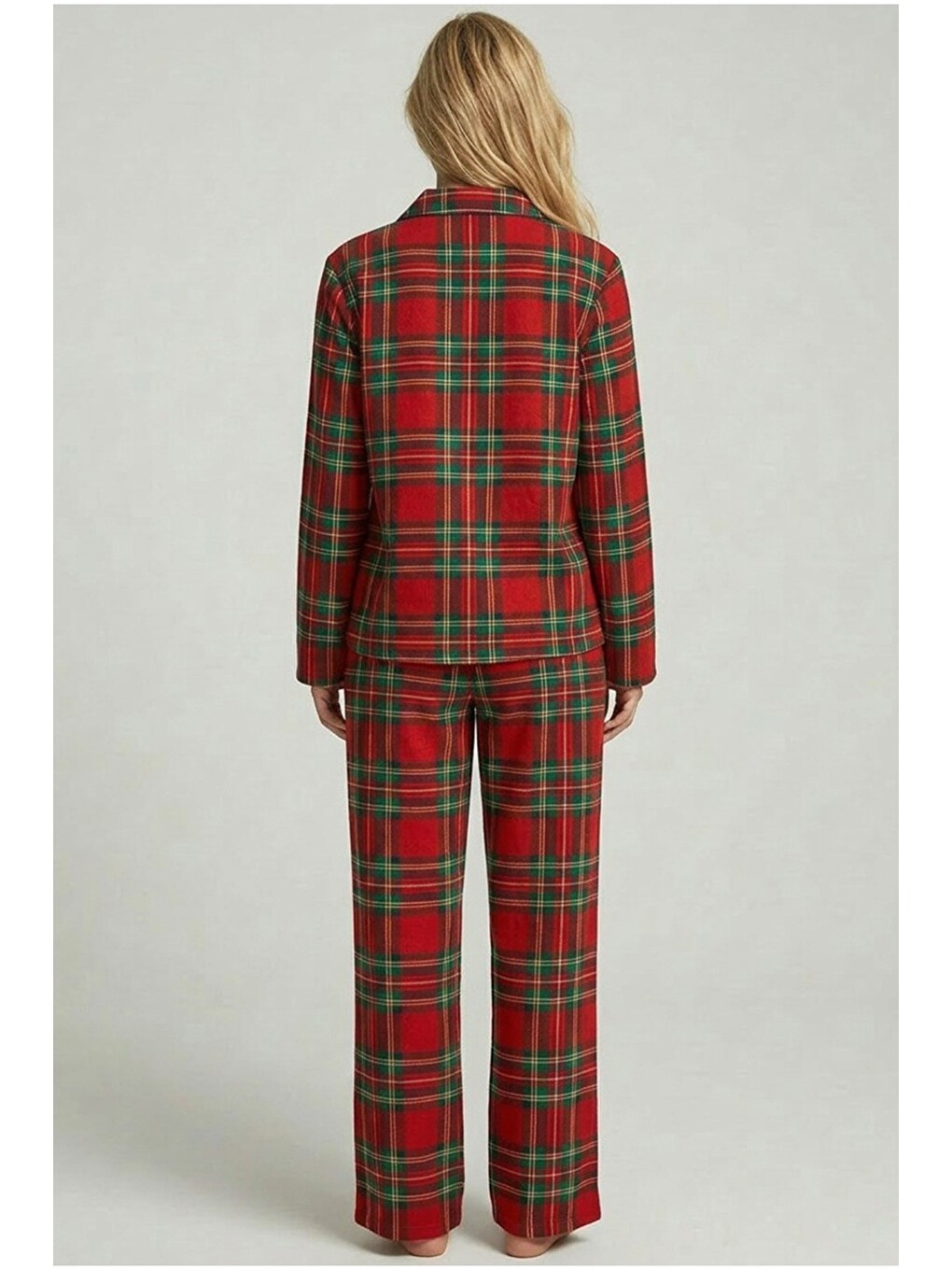 Kırmızı Yılbaşı Desenli Pamuklu Örme Düğmeli Pijama Takımı-2