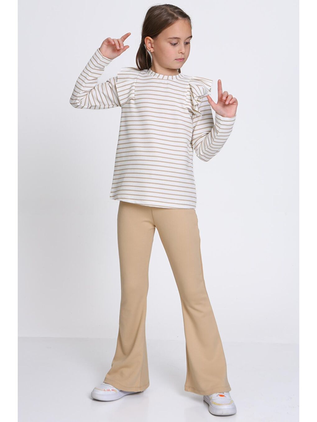 Kız Çocuk Bej Çizgili 5-9 Yaş Takım - 23316-4-1