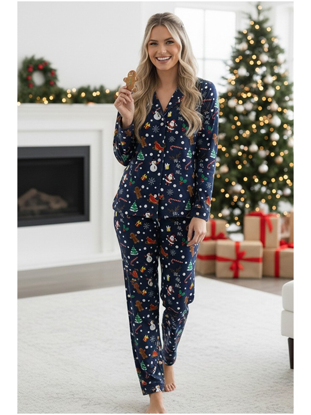 Karışık Yılbaşı Desenli Pamuklu Örme Düğmeli Pijama Takımı-1
