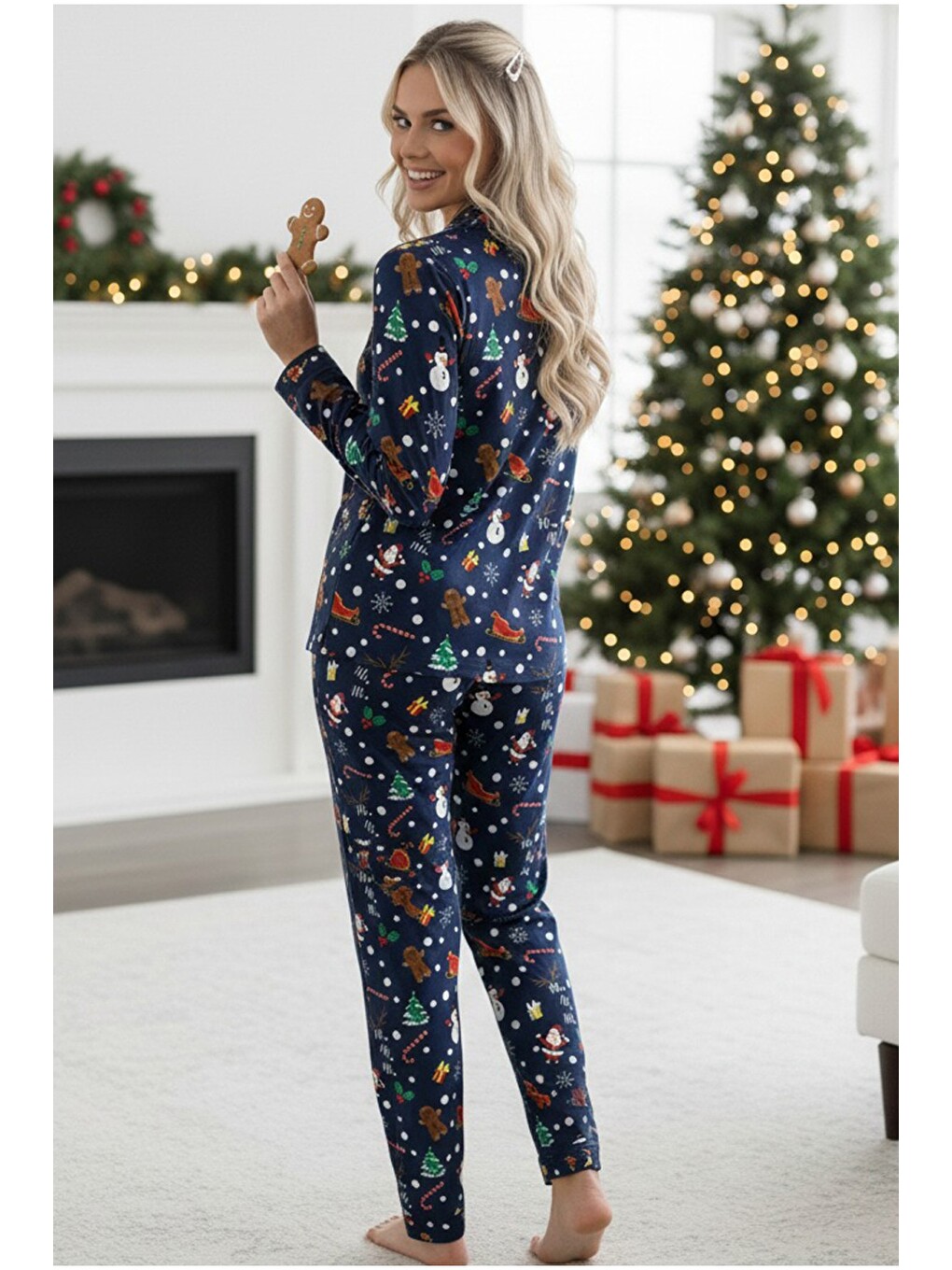Karışık Yılbaşı Desenli Pamuklu Örme Düğmeli Pijama Takımı-2
