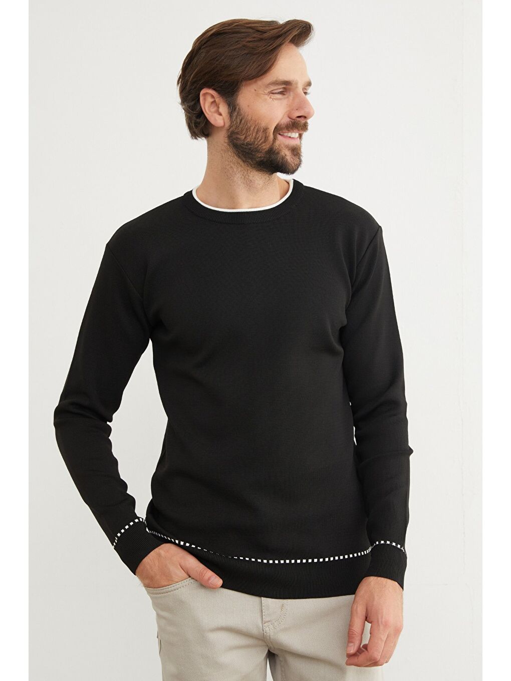 Siyah Basic Çizgili Bisiklet Yaka Triko Kazak