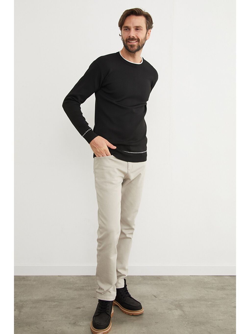 Siyah Basic Çizgili Bisiklet Yaka Triko Kazak-1