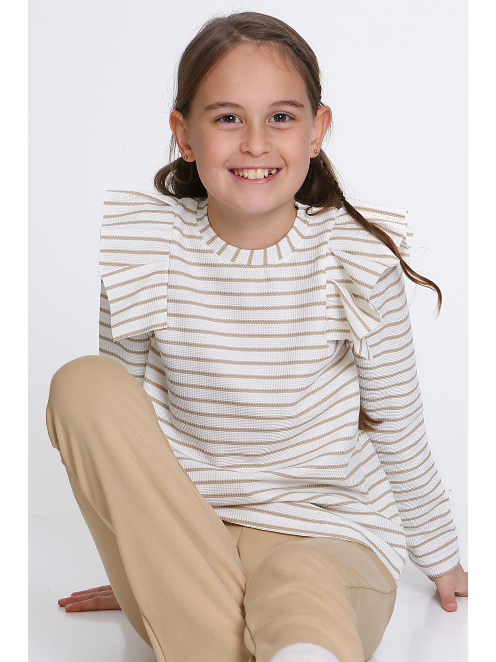 Kız Çocuk Bej Çizgili 5-9 Yaş Takım - 23316-4-3