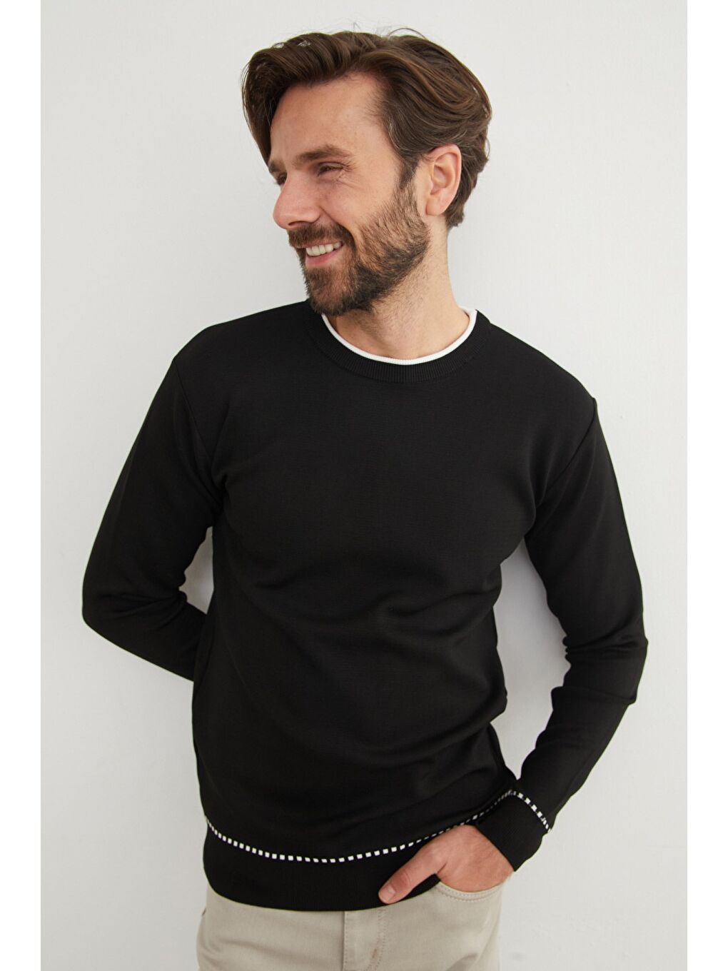 Siyah Basic Çizgili Bisiklet Yaka Triko Kazak-3