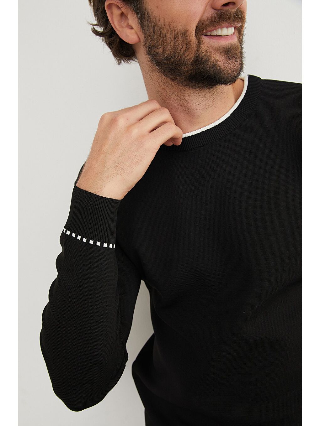 Siyah Basic Çizgili Bisiklet Yaka Triko Kazak-4