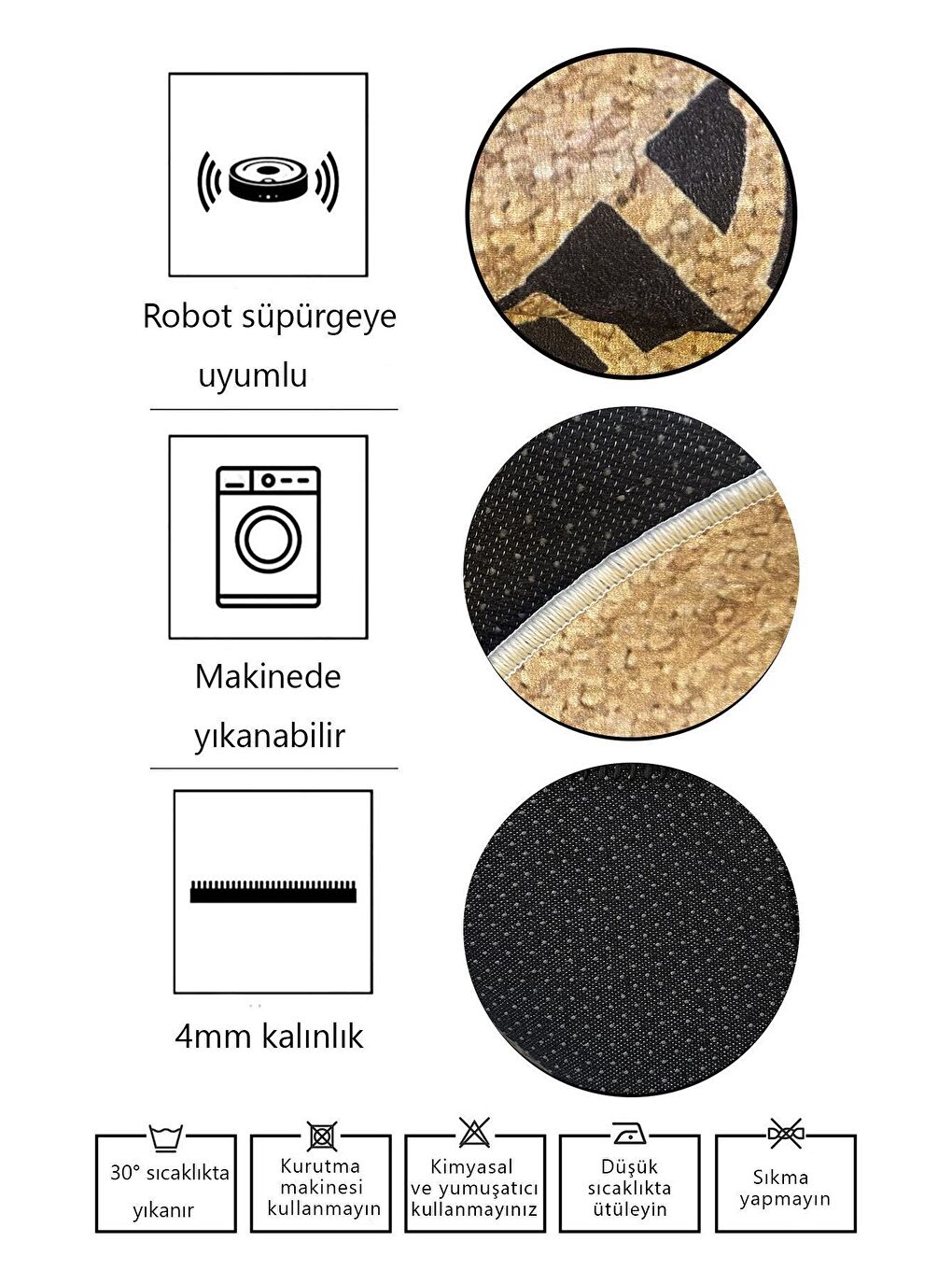 Lacivert Pamuk Taban, Yıkanabilir, Kaydırmaz Taban, Modern Halı  100 x 100 cm-6