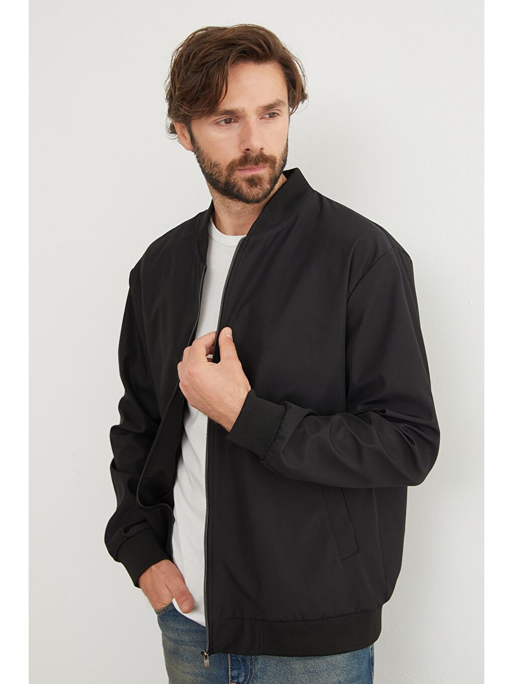 Siyah Scuba Kumaş Fermuarlı Bomber Ceket