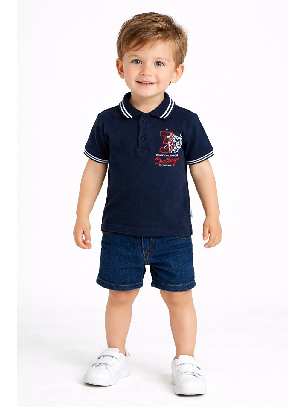 Lacivert Erkek Bebek Polo Yaka Turuncu Tişört Jean Şort 2’li Yazlık Takım