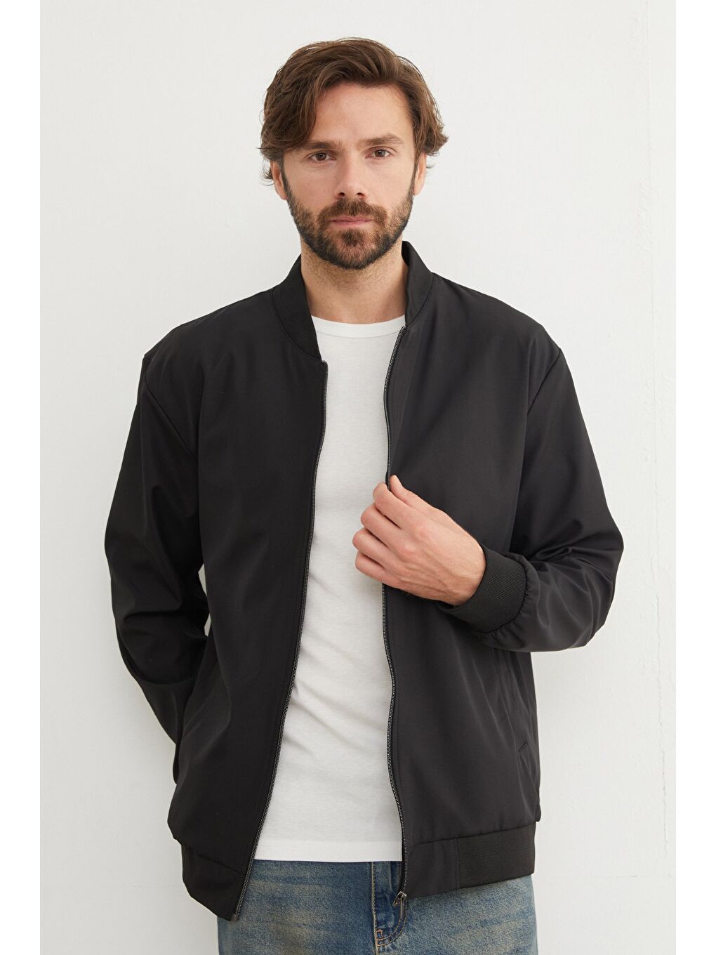 Siyah Scuba Kumaş Fermuarlı Bomber Ceket-1