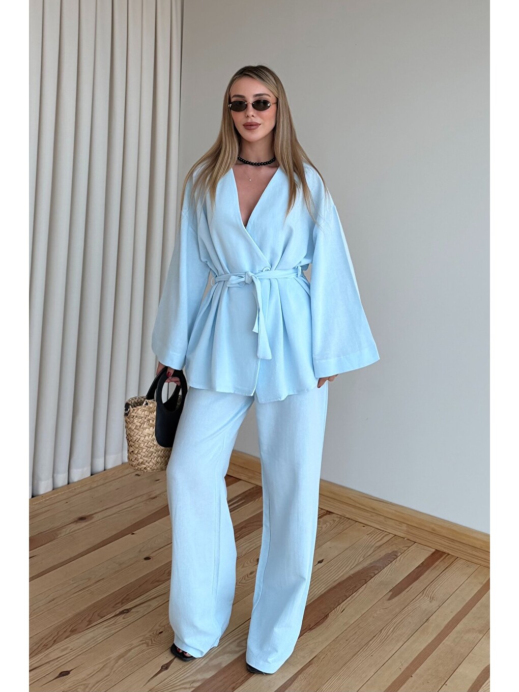 Mavi Pamuklu Kimono Takım