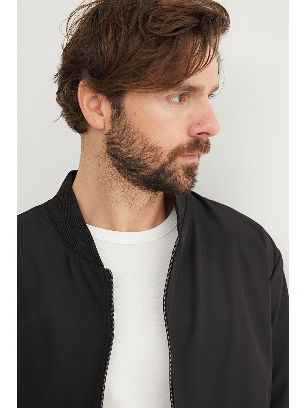 Siyah Scuba Kumaş Fermuarlı Bomber Ceket-3