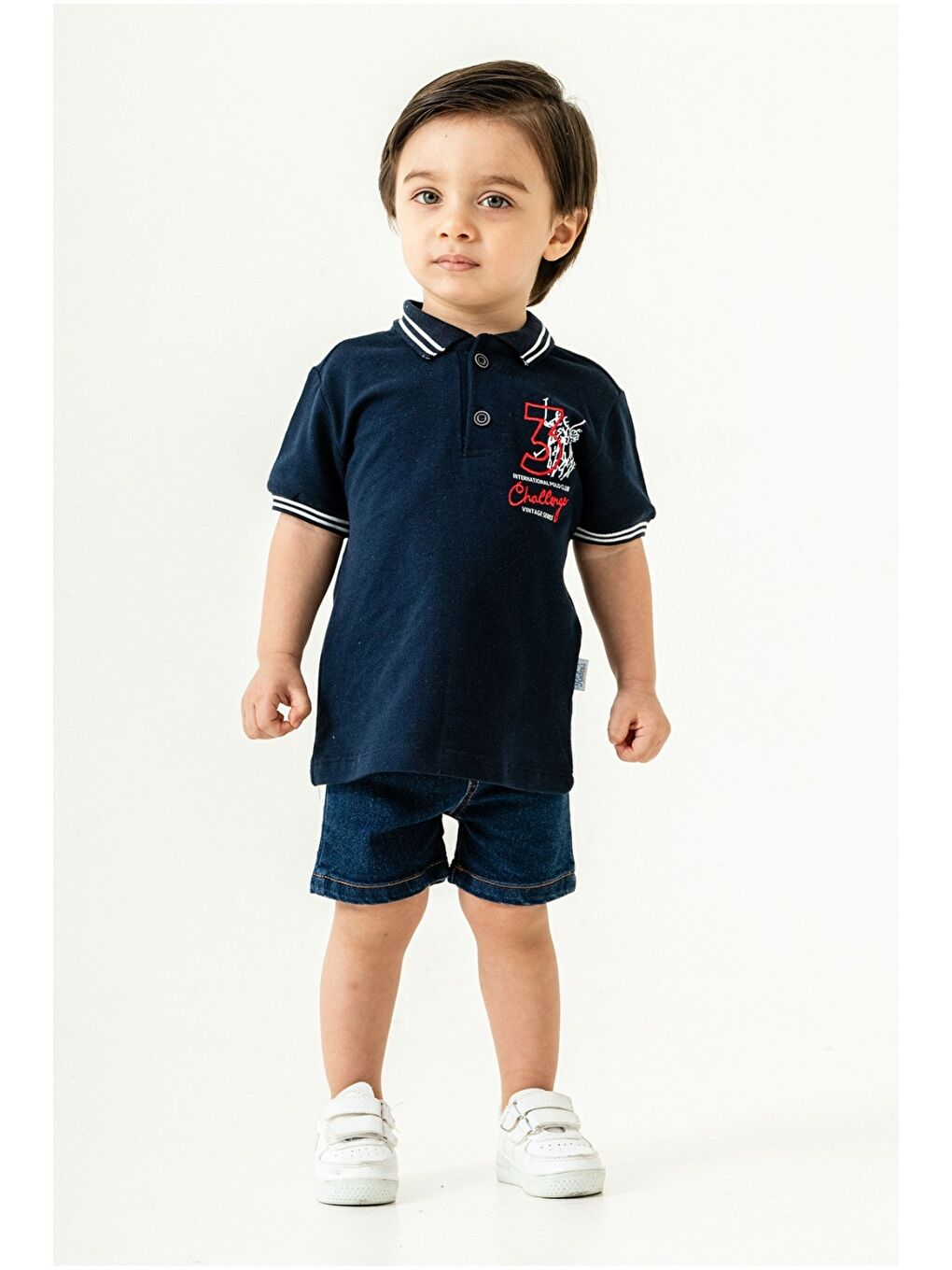 Lacivert Erkek Bebek Polo Yaka Turuncu Tişört Jean Şort 2’li Yazlık Takım-1