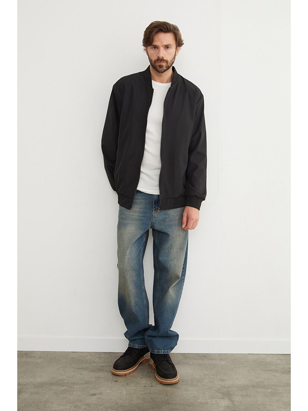 Siyah Scuba Kumaş Fermuarlı Bomber Ceket-4