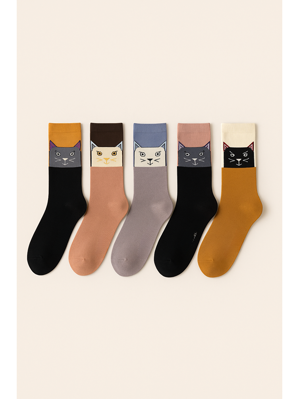 Karışık Kadın 5'Li Kedi Desenli Soket Çorap