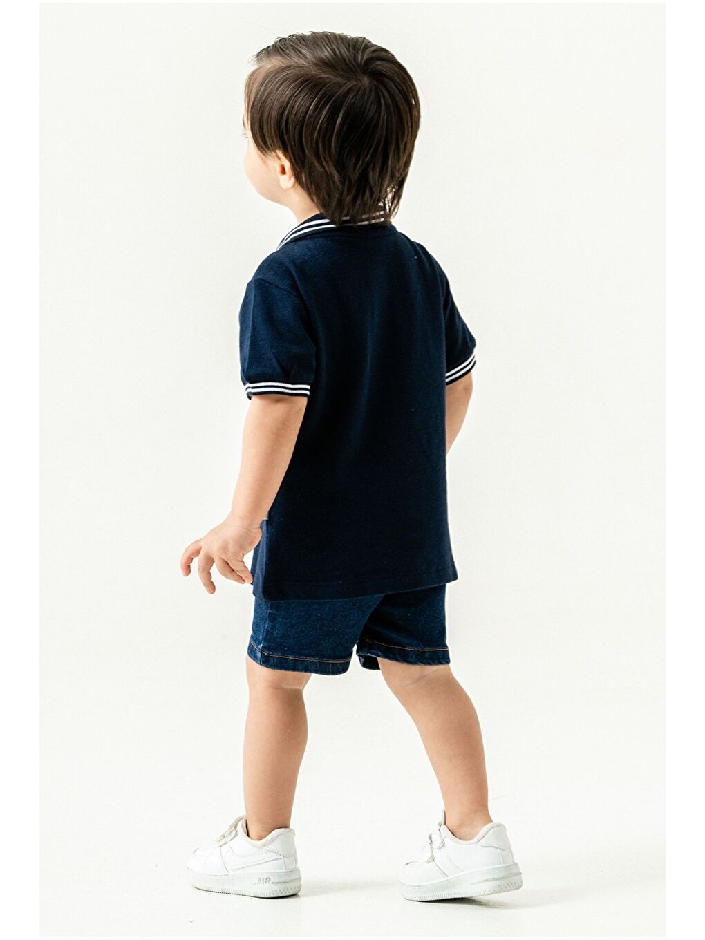 Lacivert Erkek Bebek Polo Yaka Turuncu Tişört Jean Şort 2’li Yazlık Takım-2