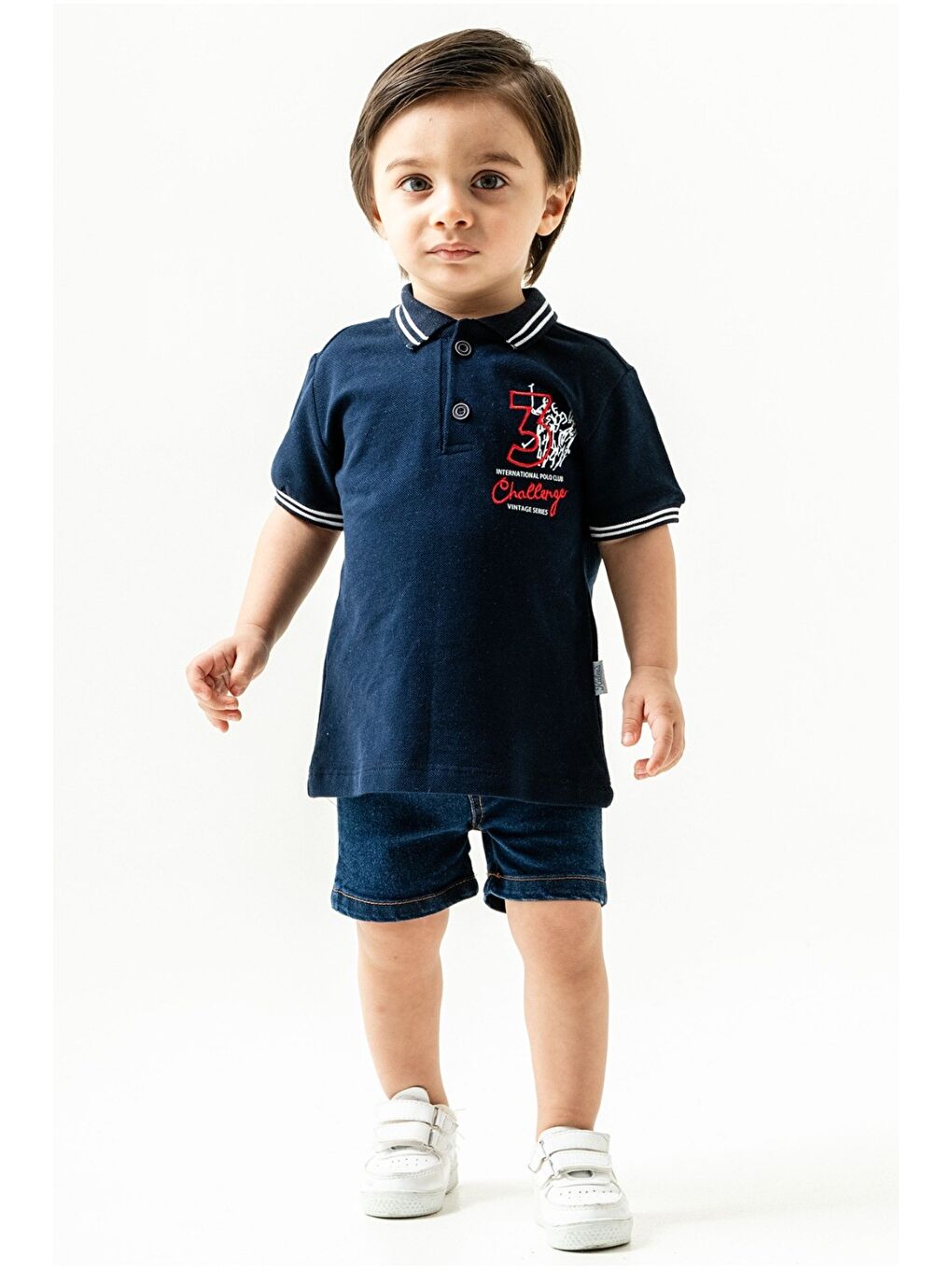 Lacivert Erkek Bebek Polo Yaka Turuncu Tişört Jean Şort 2’li Yazlık Takım-3