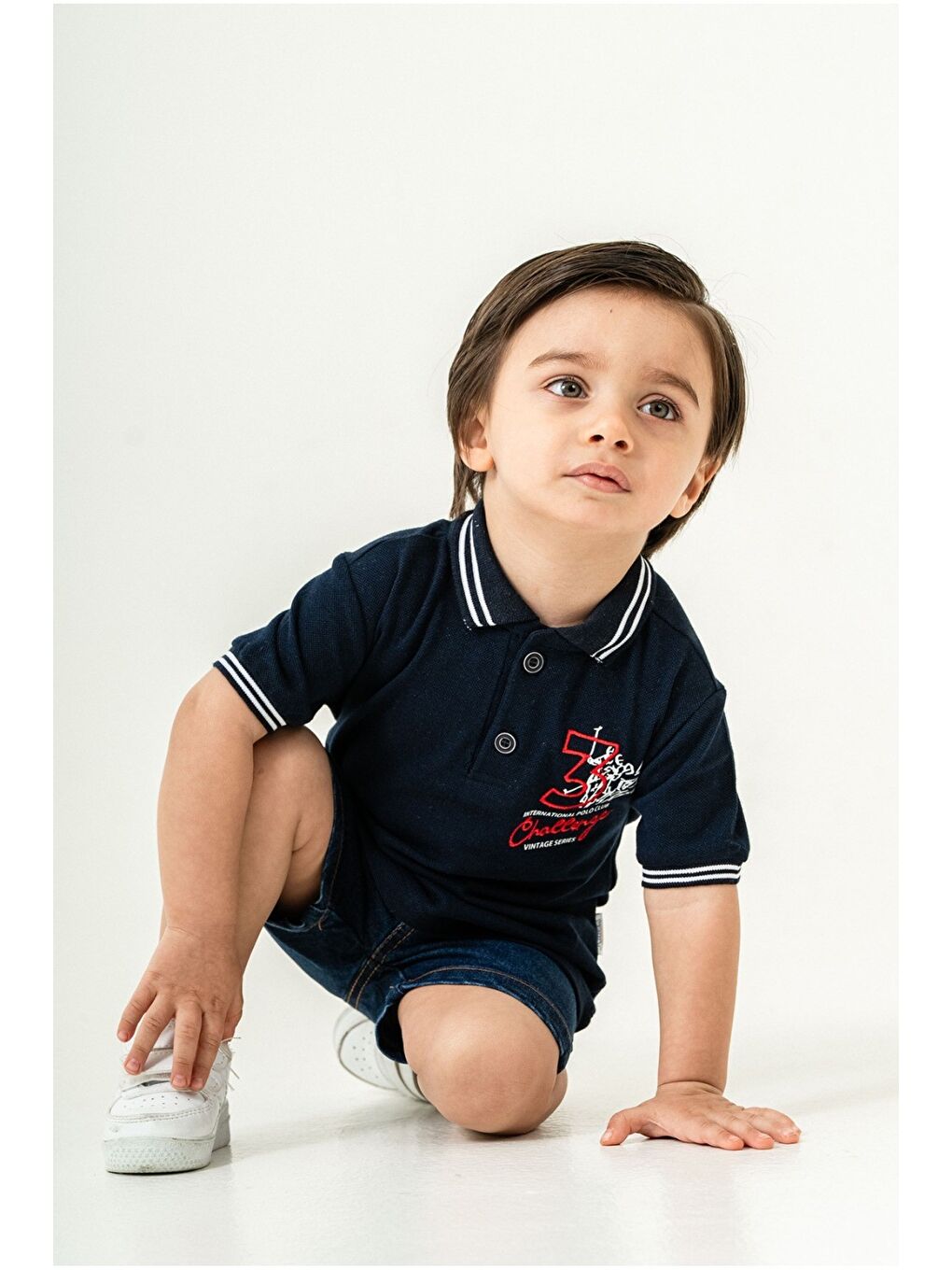 Lacivert Erkek Bebek Polo Yaka Turuncu Tişört Jean Şort 2’li Yazlık Takım-4