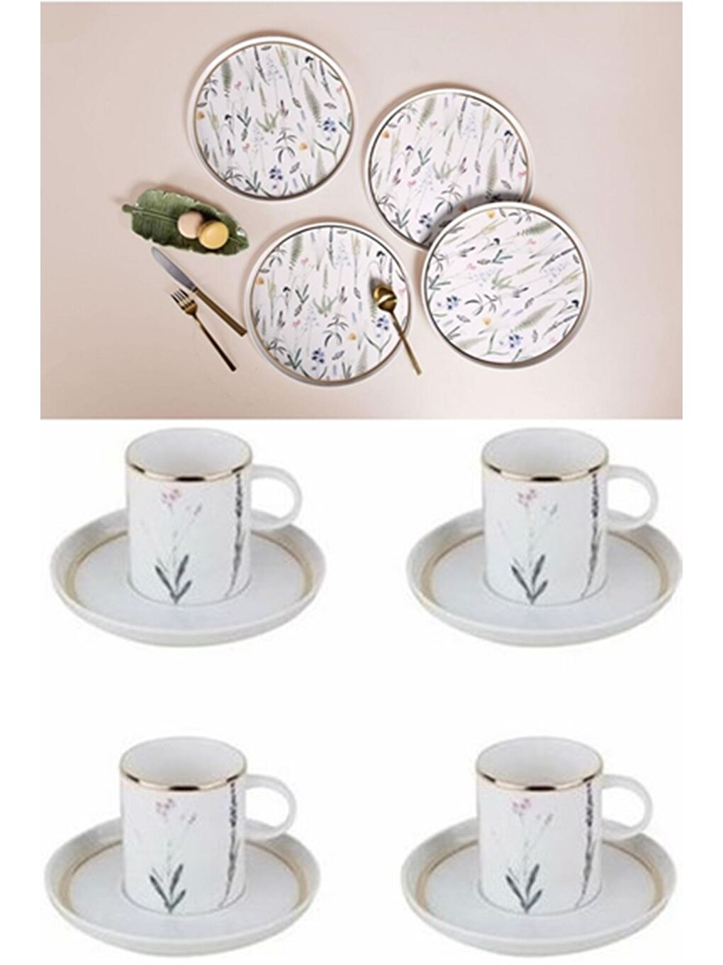 Beyaz Botanical 27cm Servis ve Kahve Fincan Takımı 4 Kişilik