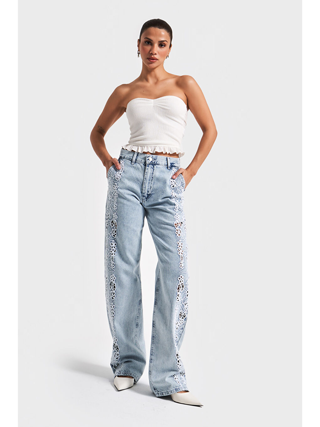 Mavi Kadın Snow Jean Rengi 3s5-3 Dantel Nakışlı Loose Fit Orta Bel İç Boy 83 Cm Tasarım Denim Jean-4