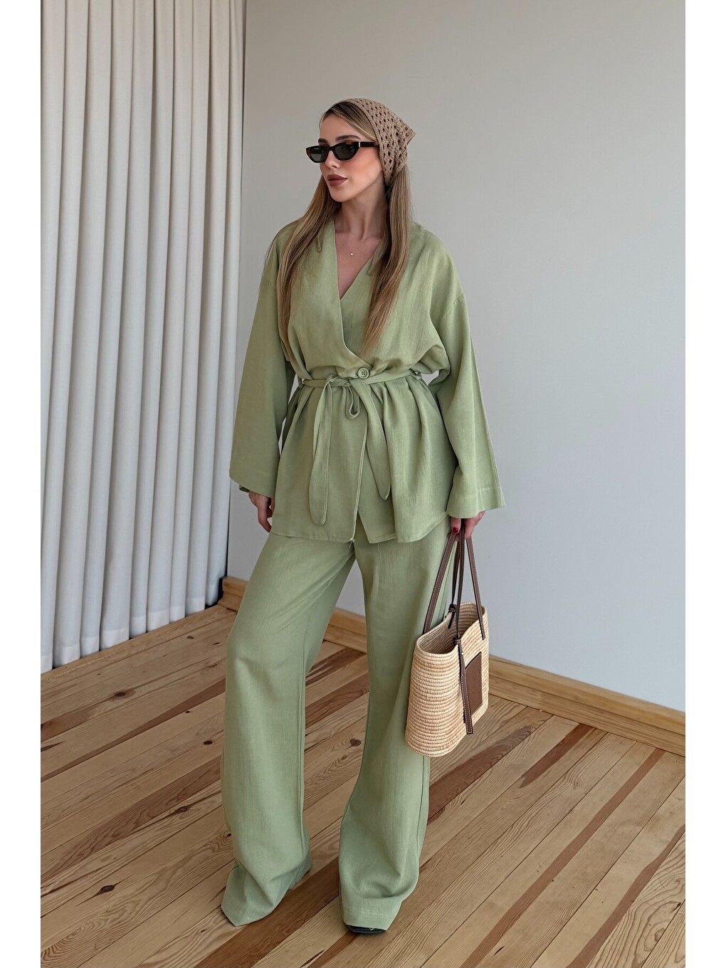 Haki Pamuklu Kimono Takım