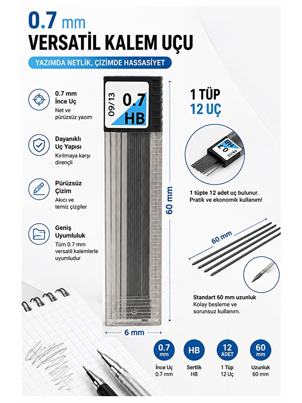Kaliteli Kalem Ucu 12 Li 0.7 Mm Hb 1 Paket Tombow Versatil Kalem Uç Mekanik Uçlu Otomatik Kurşun Kal