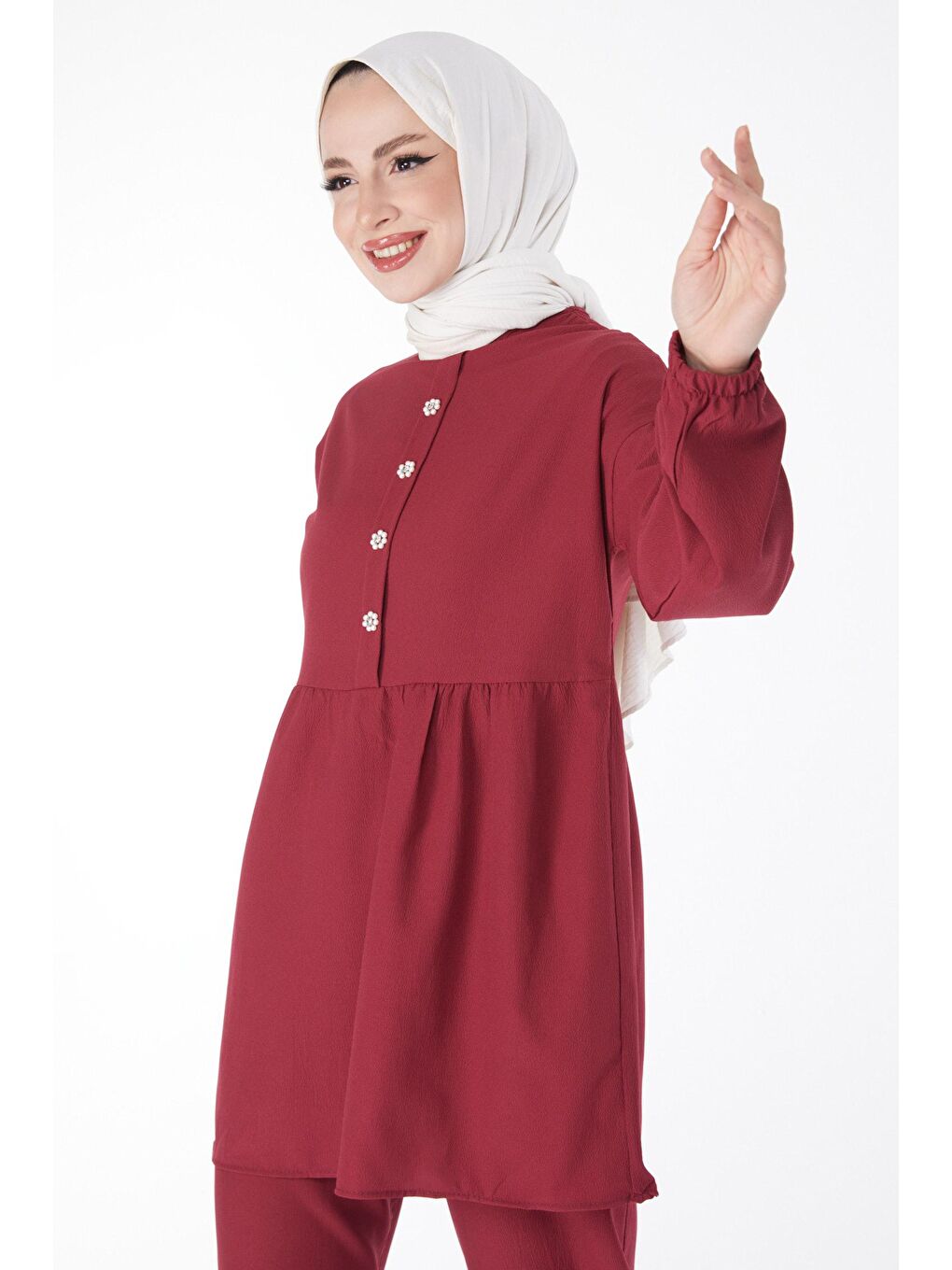 TOFİSA Bordo Düz Bisiklet Yaka Kadın Bordo Tunik+Pantolon - 11629 - 2